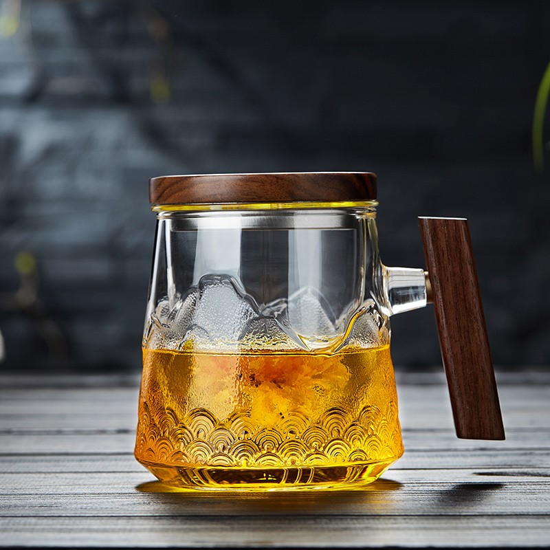 绿昌明 茶杯玻璃泡茶杯茶水分离杯绿茶杯浮雕锤纹花茶杯办公品质茶具