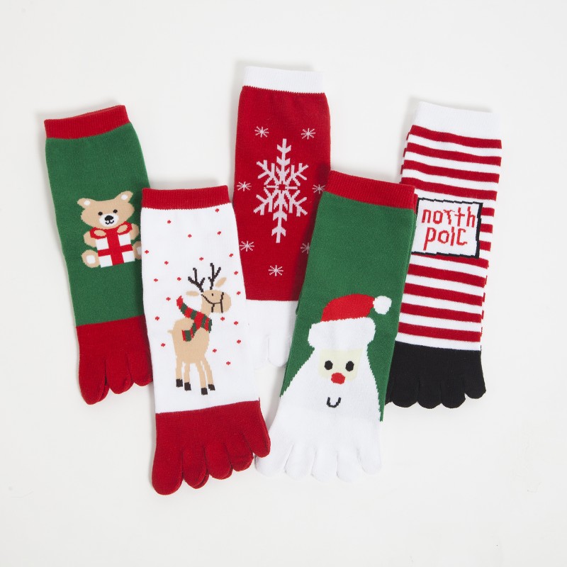 革斤威圣诞袜子五指袜新年袜子老人麋鹿雪人圣诞树纯棉女士袜子情侣款式 圣诞五指儿童款5双装