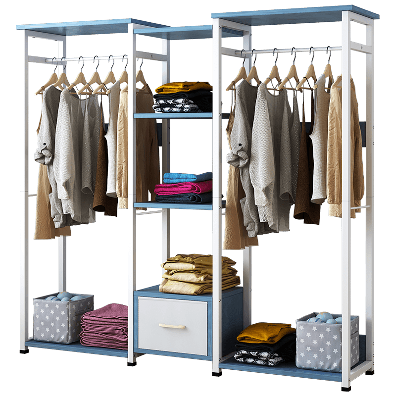 宜造衣帽架落地卧室挂衣架简易衣服架子家用衣架置物架鞋架 【店长推荐!加长】蓝松木色+白抽+白架120CM