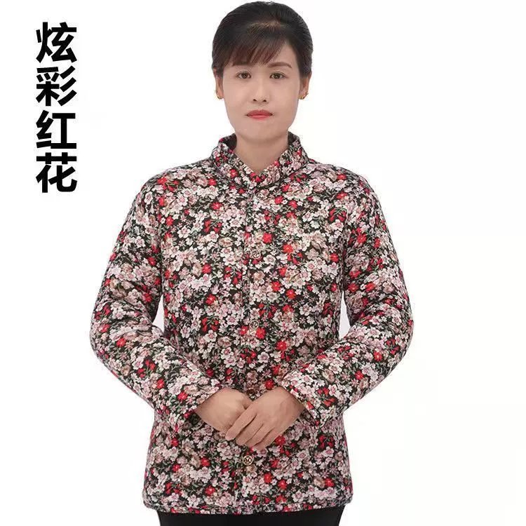 吖喵秋冬季棉服女士花棉袄加厚奶奶农村干活棉衣外套jd4168 炫彩红花