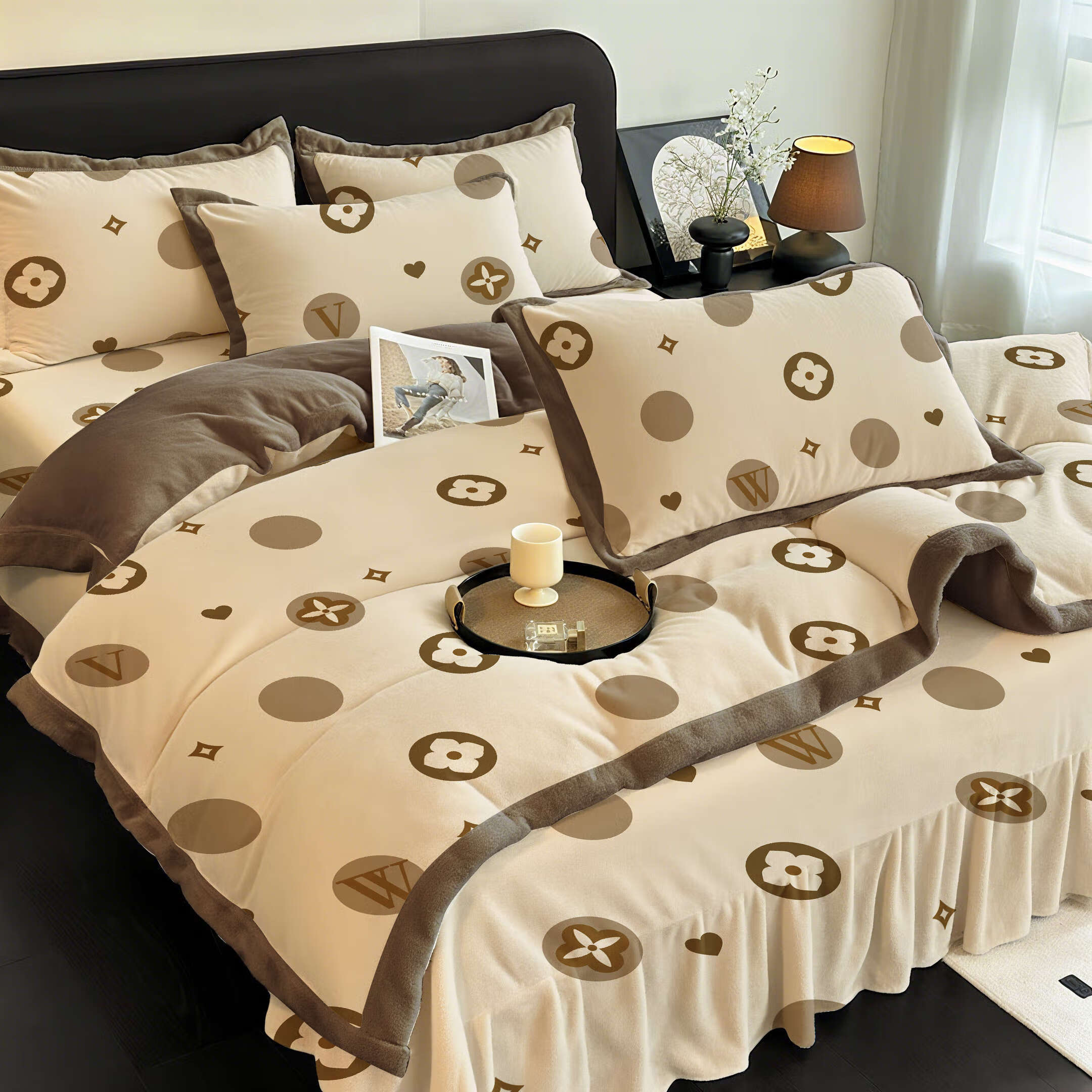 高睿牛奶绒四件套冬季加厚珊瑚绒2025新款双面法兰绒床上用品被套床裙 咖底圆花 床裙款 150x200cm床裙+枕套一只