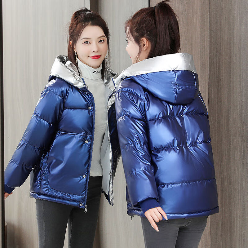 短款反季2022秋冬新款连帽羽绒棉服女短款韩版宽松装棉衣外套 宝蓝色