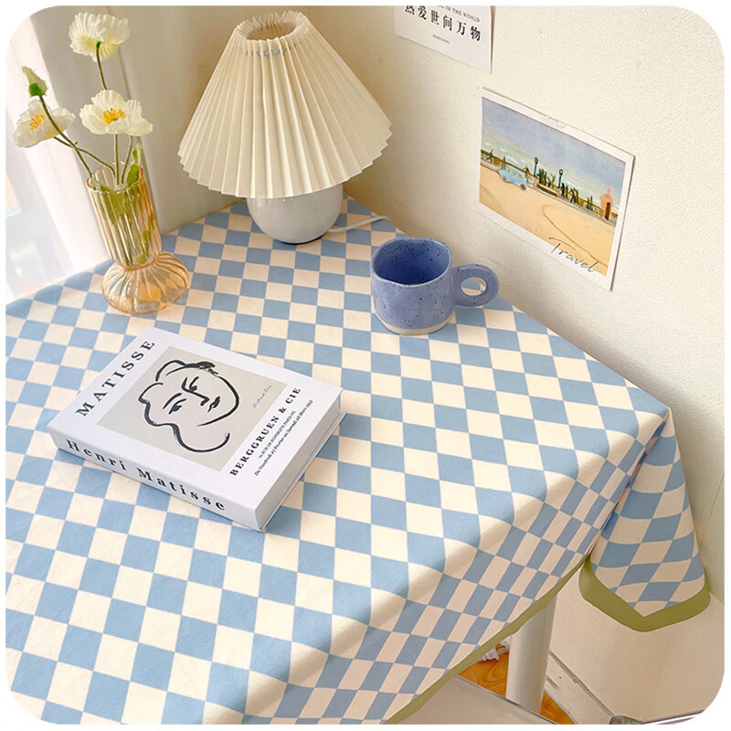 拾爱棋盘格子桌布防水ins轻奢感餐桌桌面茶几布学生书桌学习桌垫 海盐