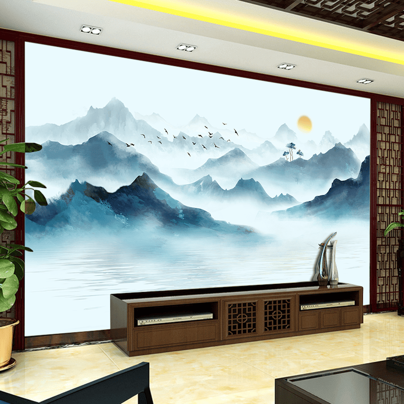墙壁画现代装饰新中式山水画沙发壁纸墙布墙纸影视墙壁布 旭日东升b