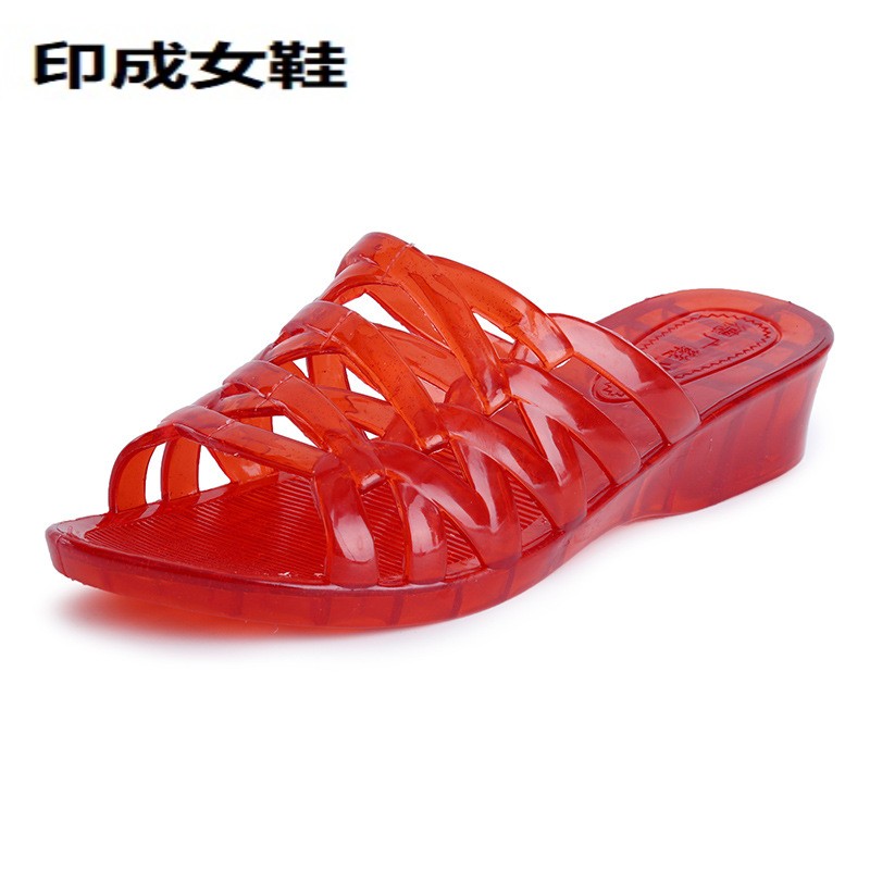 拖鞋夏透明水晶塑料室外坡跟厚底高跟透气情侣大码防滑凉拖鞋 红色 36