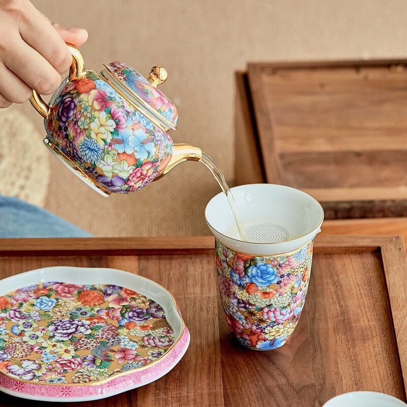 墨驰景德镇粉彩金底万花带手柄泡茶壶托盘描金珐琅彩陶瓷壶承茶具 寿桃【大号茶水壶】