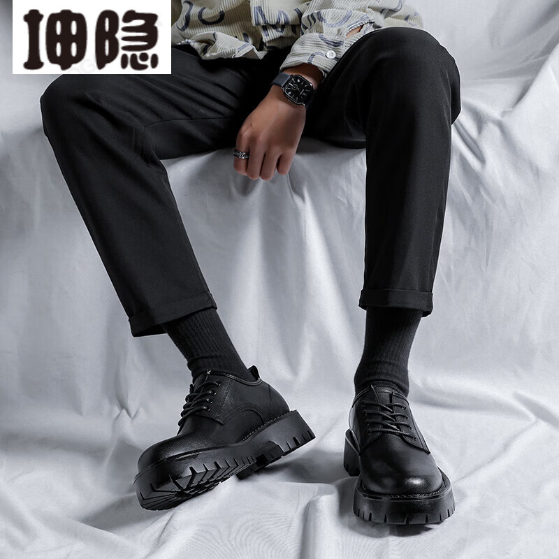琬骄配工装裤鞋子男士增高皮鞋厚底商务正装皮鞋圆头韩版配西装青的