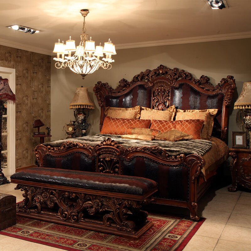欧伦美床实木 欧式实木奢华雕花双人床1.8米美式复古做旧真皮大床婚床 双人床 其他