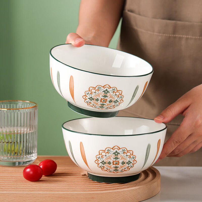 洁雅杰 陶瓷碗北欧风釉下彩米饭碗汤碗6英寸创意面碗 2只装 复古梵叶