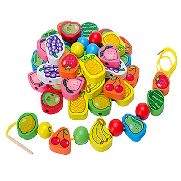 木质串珠早教玩具男女孩力玩具穿珠子3-5岁手工穿线绕珠积木 25粒混装+2根绳子（袋装）