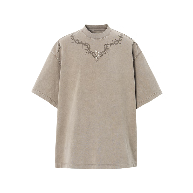 勉岳邓为衣服卡其灰系列 胶印250水洗美式短袖恤男宽松潮 卡其水洗 m