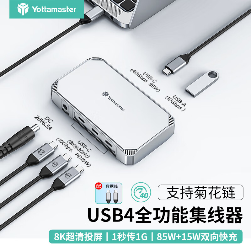 尤达大师（Yottamaster）USB4分线器Type-c扩展坞hub集线器雷电4/3兼容 双屏异显40Gbps疾速快
