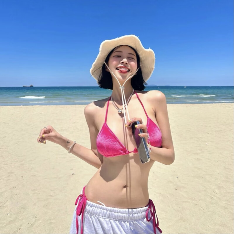 京蝌蝌泡温泉性感复古丝绒欧美ins网红暴露比基尼泳衣女纯欲辣妹风