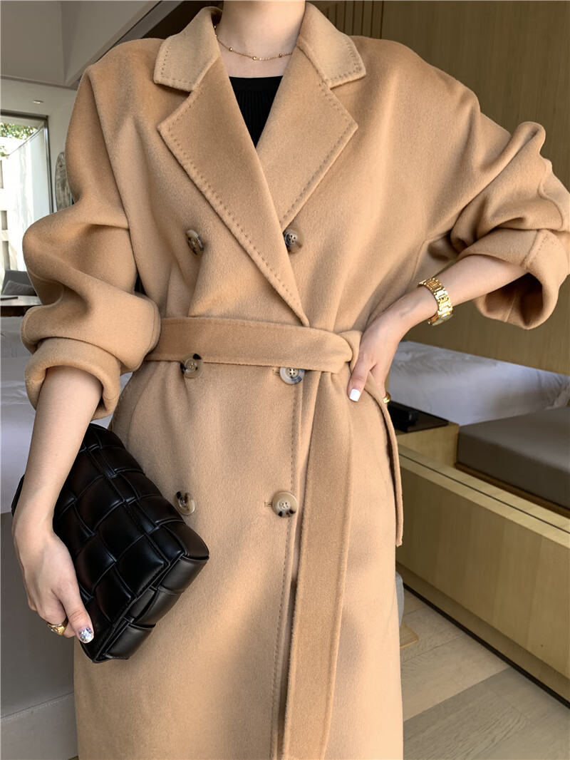 山头林村101801羊绒大衣经典茧型双面女中长款双排扣毛呢外套 经典驼