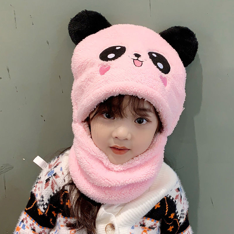 儿童帽子女童男童秋冬季帽子围脖一体可爱保暖宝宝遮脸护耳套头帽 小熊粉色 儿童款(1-4岁)