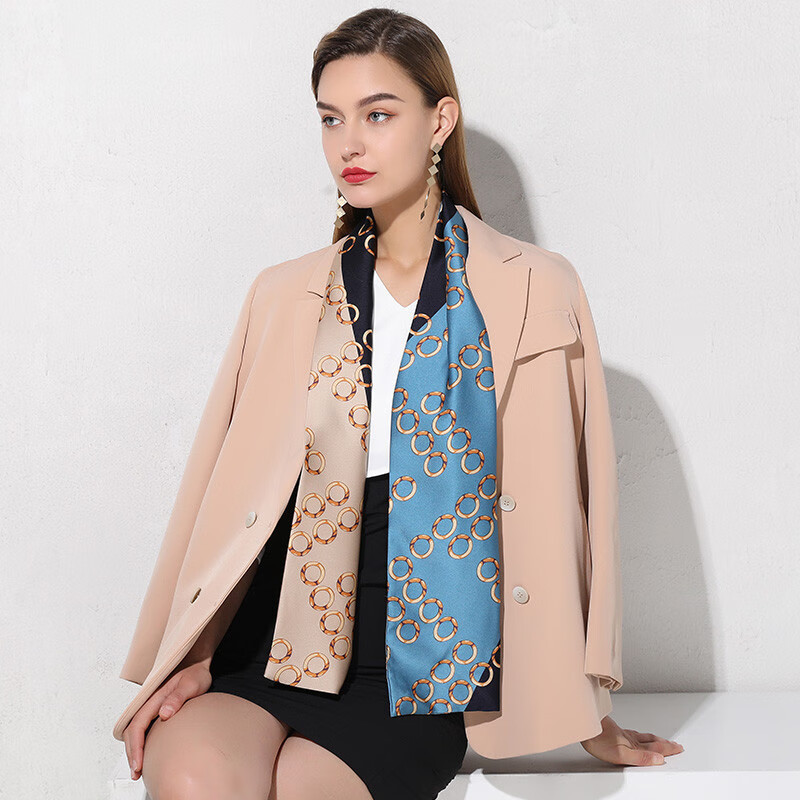 达芬奇密码 丝巾小长巾女百搭春秋仿真丝窄边杭州丝绸丝巾 玉环连珠 孔蓝