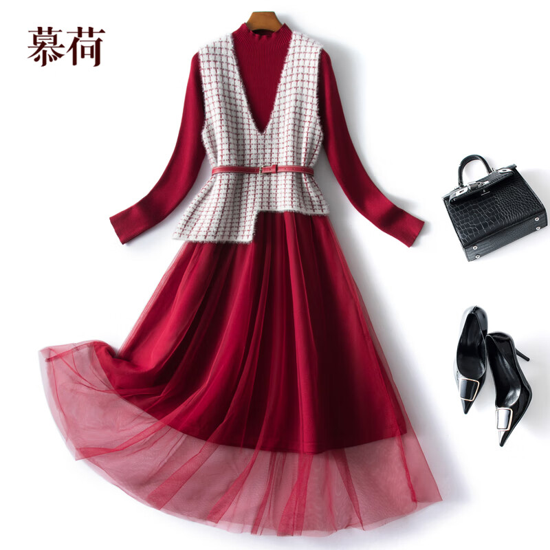 慕荷红色针织连衣裙春款女装2021新款气质马甲毛衣拼接网纱裙两件套套装裙 红色 M