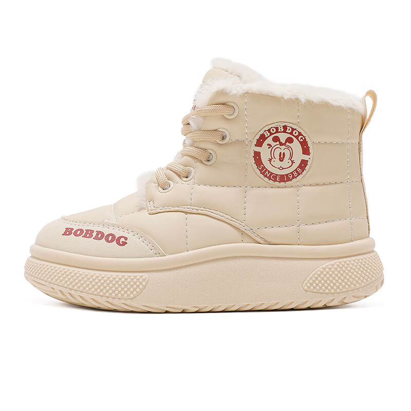 巴布豆童鞋男童冬季短筒雪地靴百搭加绒保暖儿童靴子女孩休闲棉鞋 杏米 36 适合脚长21.8cm