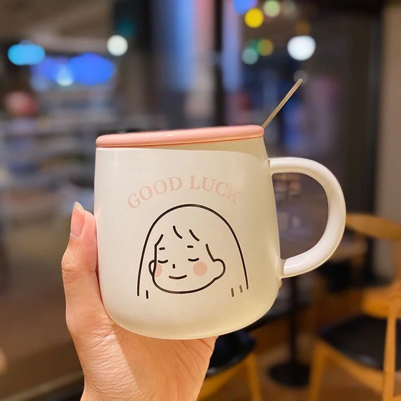 敬相如 日系杯子好看日式女可爱少女陶瓷杯有盖家用情侣马克杯带盖勺