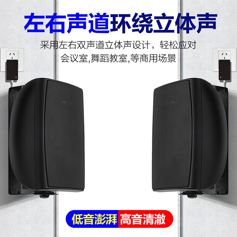 AITES舞蹈教室专用蓝牙壁挂音箱舞蹈室会议室带话筒重低音有源喇叭挂墙音响无线麦克风教学连一体机电脑 黑色主副音响+双话筒