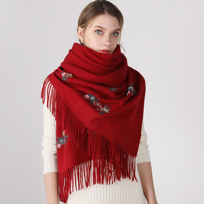 上海故事围巾女冬款红色刺绣流苏羊毛围巾披肩 爱的时光 枣红