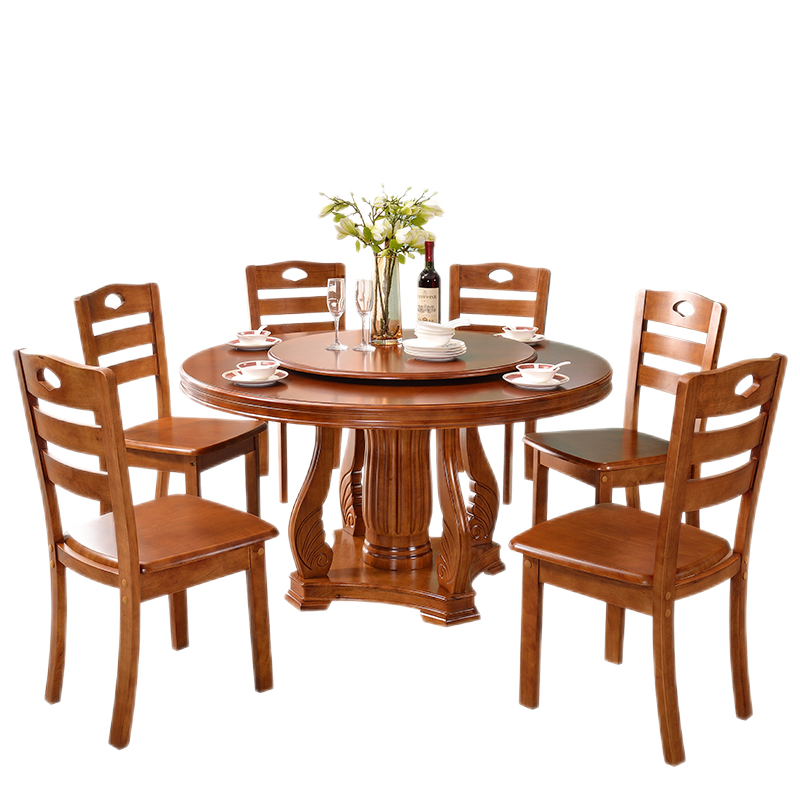 优卡吉 餐桌椅组合圆形带转盘简约家用小户型中式饭桌大圆餐桌新加 CZ-061 1.3米单餐桌+6椅(带转盘)