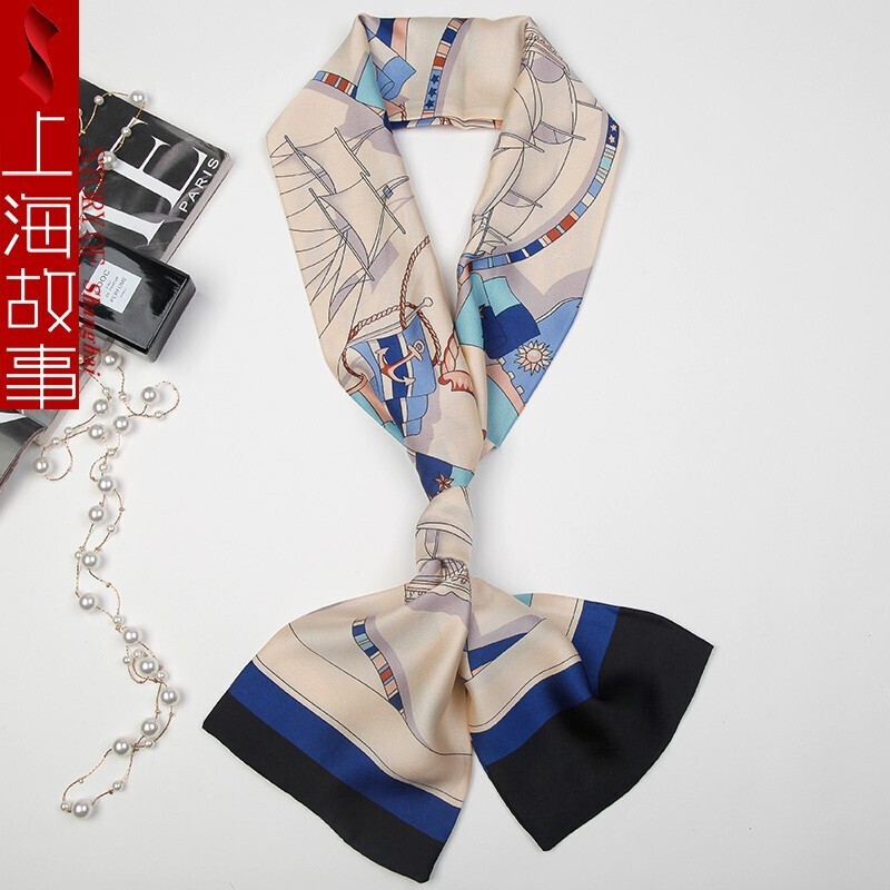 上海故事新品 韩版丝巾女百搭时尚气质飘带小领巾 海上奇遇 米色