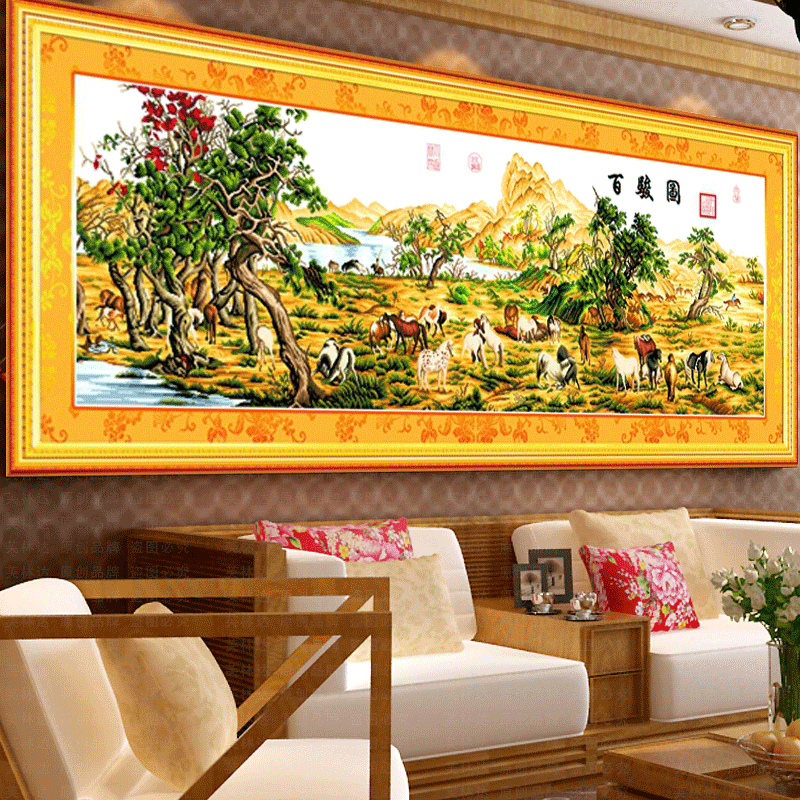 织巢鸟纯手工十字绣成品百骏图精华版马到成功百马图客厅办公室装饰挂