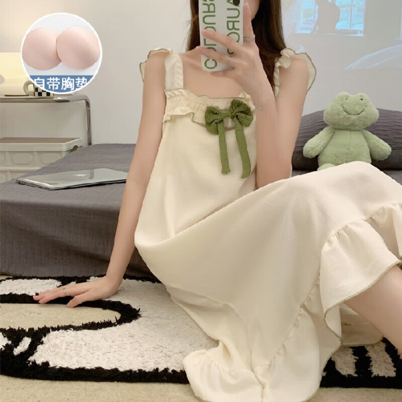 吊带睡衣带胸垫睡裙韩版甜美泡泡棉中长款连衣裙可外穿女生家居服