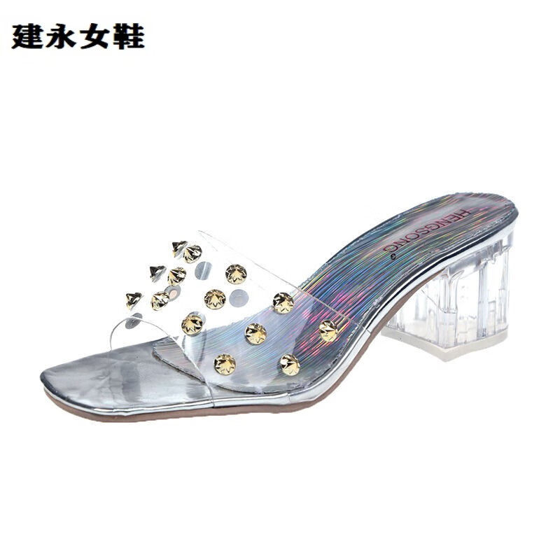 33-43透明拖鞋女鞋水晶跟凉鞋女休闲粗跟凉拖女41特大码加大码 金色