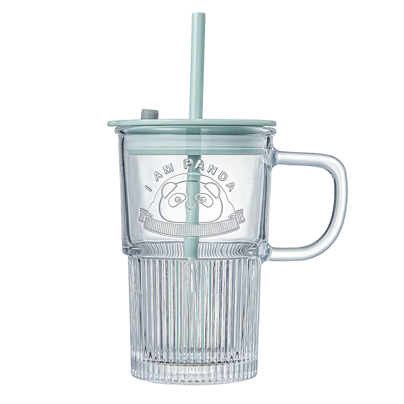 乐唯诗（NERVISHI）玻璃杯熊猫浮雕带把玻璃水杯果汁杯咖啡杯啤酒杯 带盖带吸管【透明*1】420ml