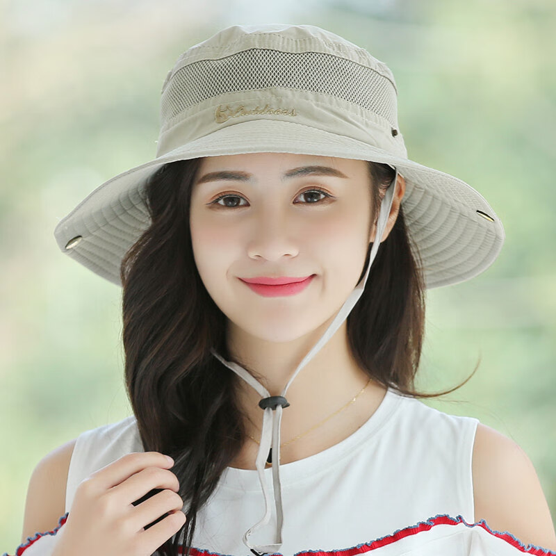 中年妇女遮阳帽户外太阳帽女夏天遮脸折叠帽子女士夏季渔夫帽耐 米色