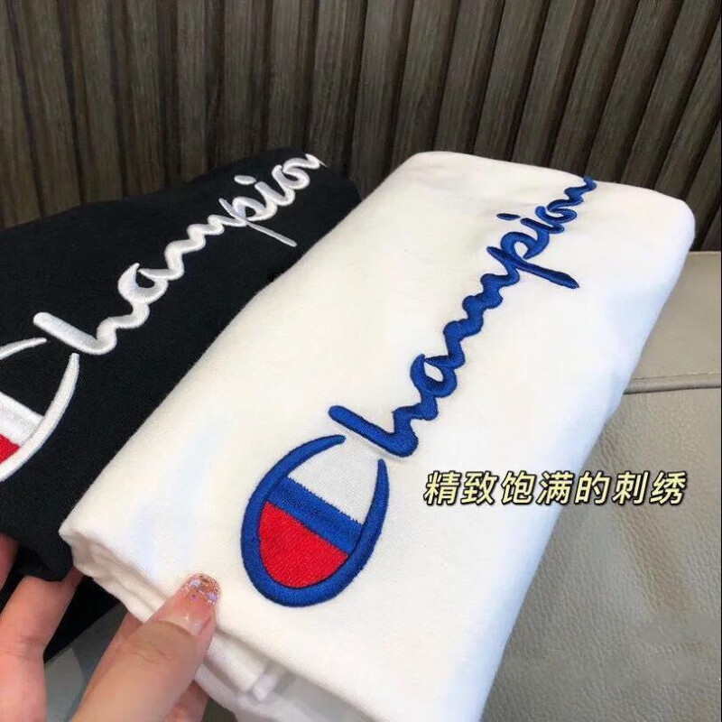 冠军涂鸦新疆棉重磅纯棉刺绣短袖t恤男女同款加大码透气显瘦半袖百搭