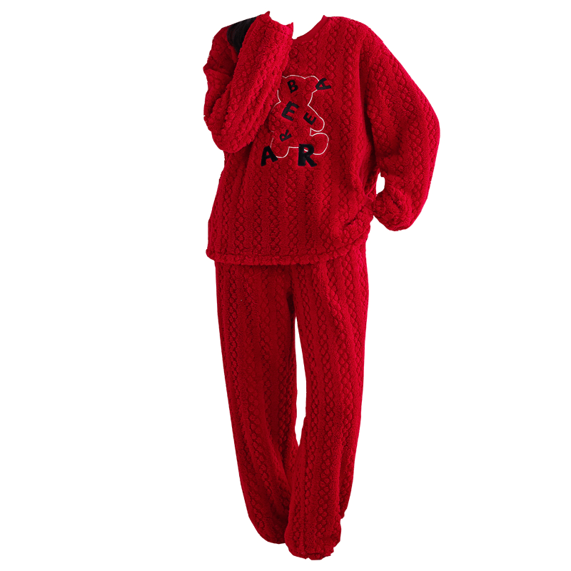 多拉美睡衣女秋冬季珊瑚絨加絨保暖紅色婚慶本命年女士家居服套裝 L