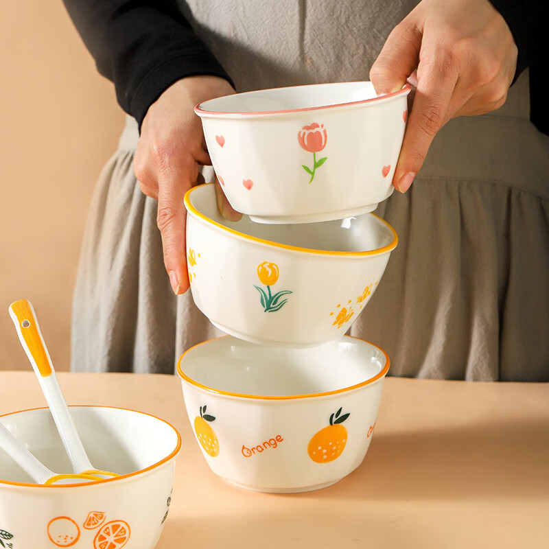 松发瓷器日式碗卡通可爱情侣2碗2勺组合装家用饭碗面碗汤勺餐具 郁金香粉