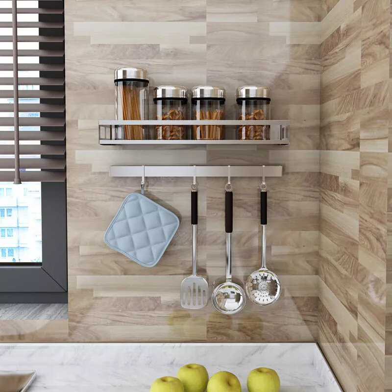 【精选】厨房调料置物架不锈钢调料架壁挂式免打孔调味品油盐酱醋 刀架 【免打孔】+免钉胶