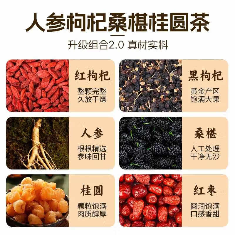 【官方店旗舰】人参桑葚黑枸杞红枸杞养生红枣茶六宝茶正品桑葚桂圆养生茶男女士独立包装六堡茶中国 人参枸杞桑葚桂圆茶 5盒【60小包】 邮政甄选另有邮政农品款可选的功效与作用京东自有品牌