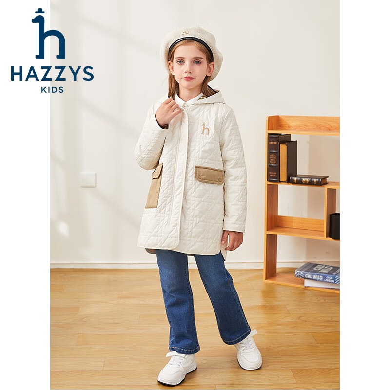 哈吉斯(HAZZYS)品牌童装男女童棉服冬新品舒适柔软防风透湿弹力连帽棉服 奶油色 155