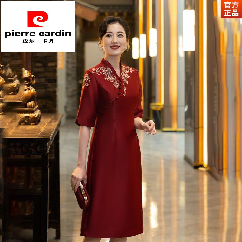 皮尔卡丹（pierre cardin）西式婚礼服喜婚宴装女儿结婚旗袍红色妈妈装服喜婆婆服高端女装 红色 XL 建议110-120斤怎么看?