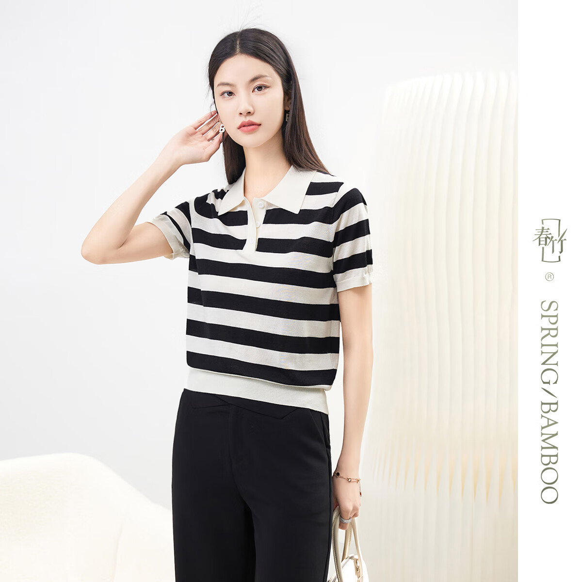 春竹夏季新款100%绵羊毛气质显瘦休闲百搭短袖polo领粉色t恤女上衣