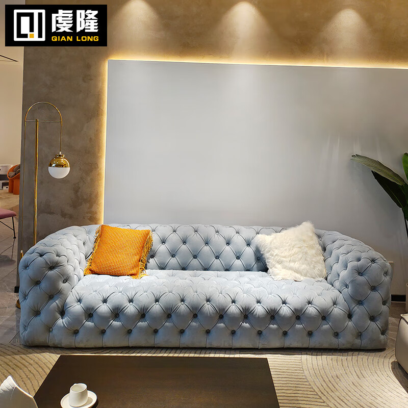 虔隆意式极简磨砂牛皮沙发网红拉扣沙发现代简约沙发月球表面客厅沙发