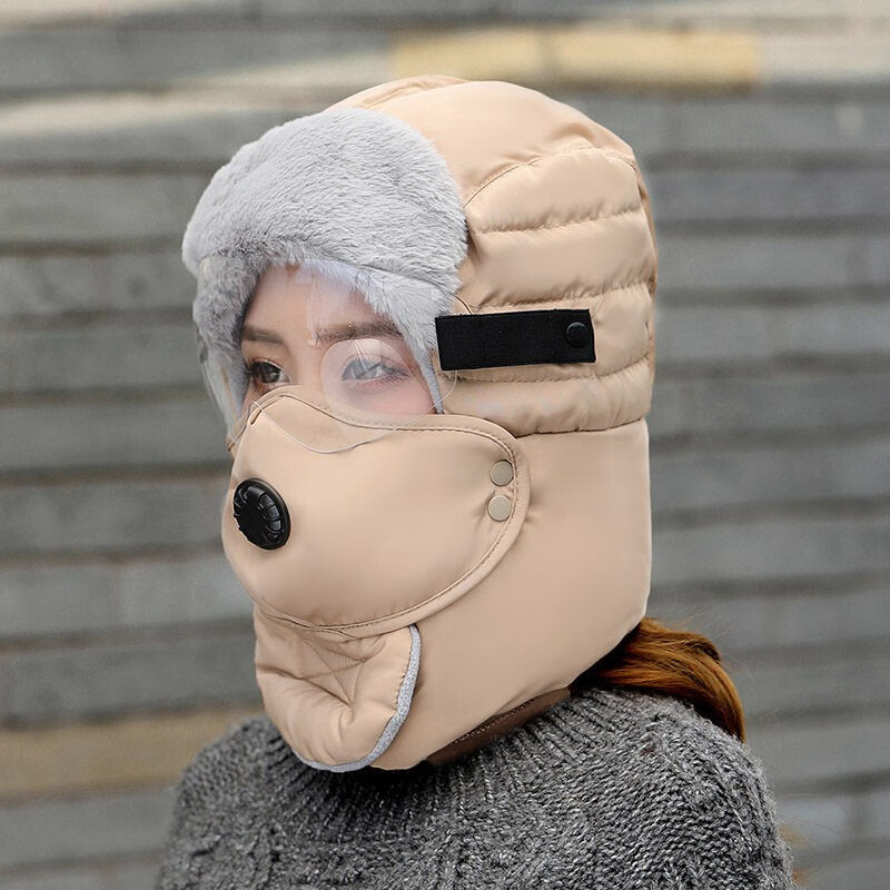帽子男女通用冬天户外电动保暖棉帽东北雷锋帽女秋冬季骑车防寒防风帽护耳帽滑雪帽 卡其色 透明镜片