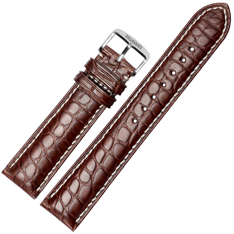 华为GT6/gt5真皮鳄鱼皮表带GT4/gt3/2蝴蝶扣Watch4男款手表带 鳄鱼皮-棕色白线+银色针扣 【GT6/GT5 46mm】新品爆款 【20mm】