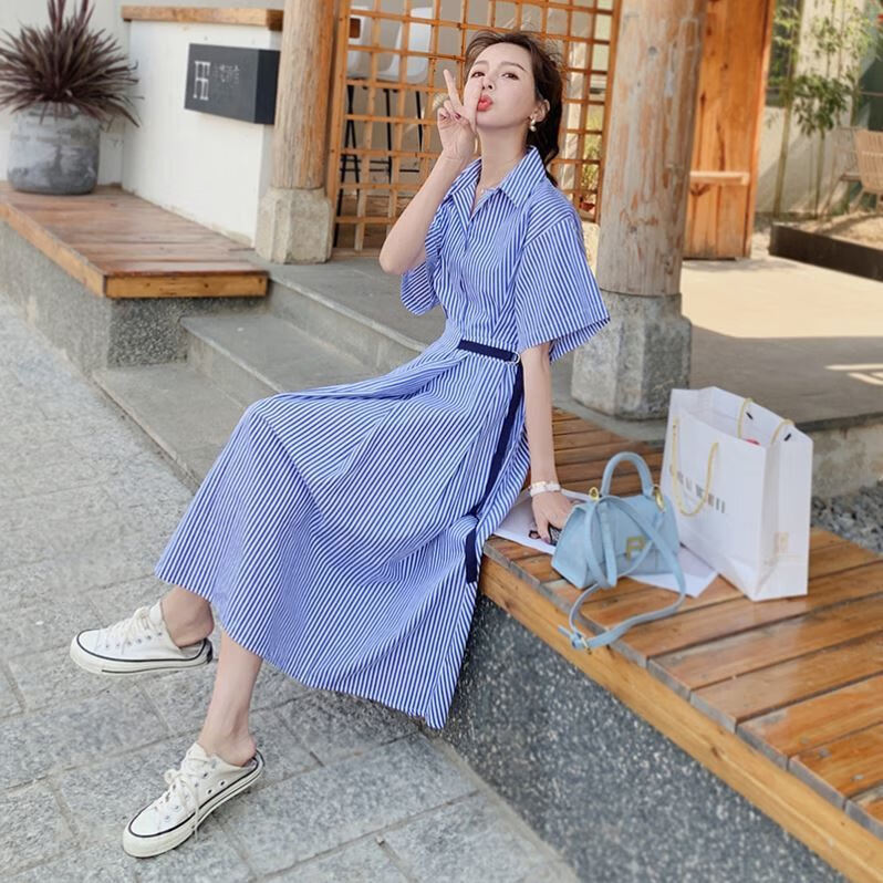 连衣裙夏季学院风新款条纹衬衫女夏中长款气质设计感小众裙 蓝色条纹