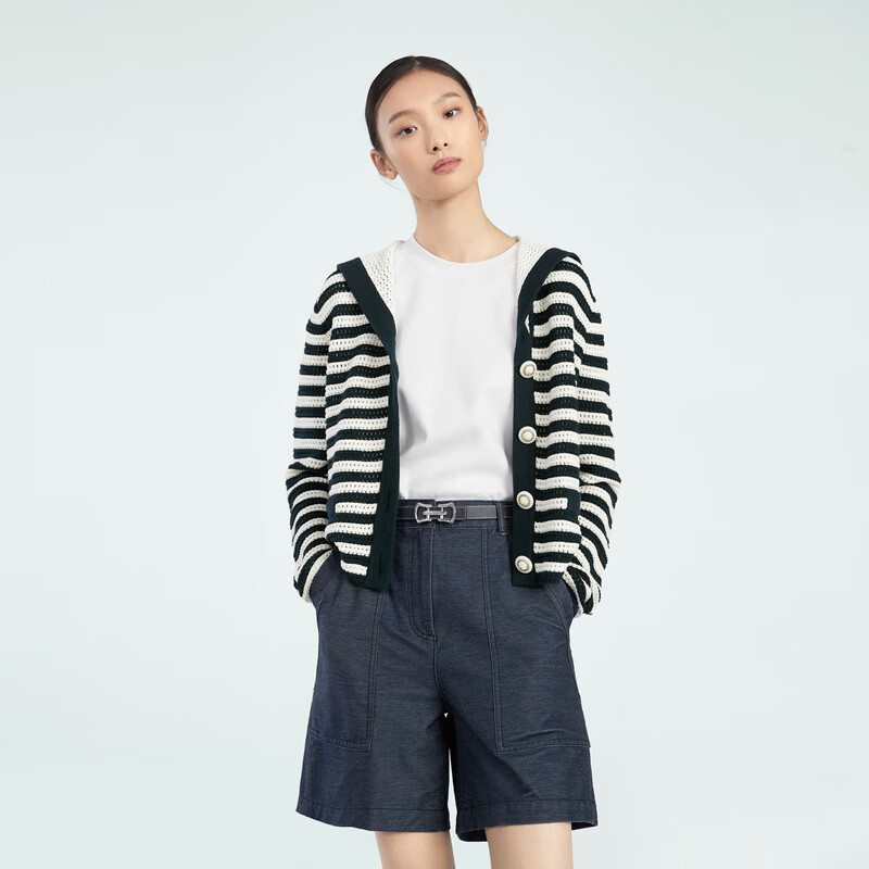 OVV2023春夏新款女装新疆棉条纹海军领法式风格针织外套 藏青条纹03 M