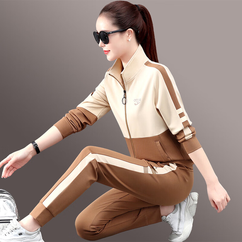 运动套装女春秋季2021新款时尚卫衣女装健身跑步服休闲两件套 黄色/黑