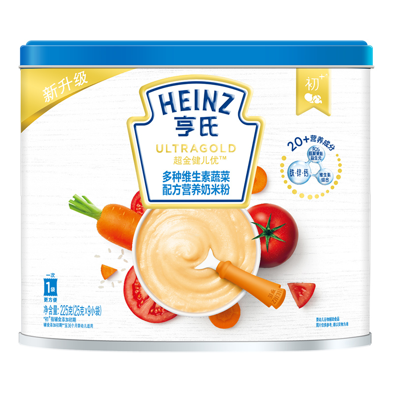 亨氏(Heinz) 宝宝辅食 婴儿辅食 高铁米粉 米糊 超金健儿优维生素蔬菜米粉225g(辅食添加初期-36个月适用)