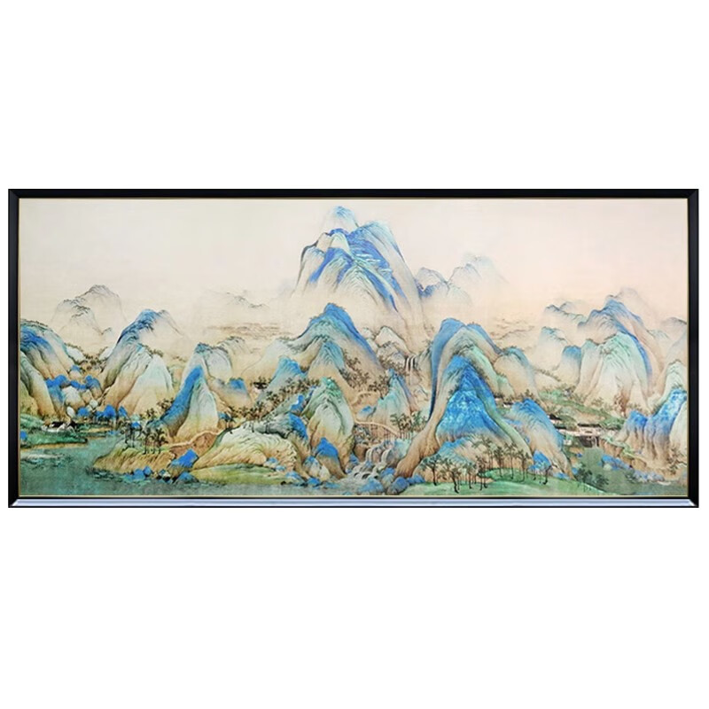 艺幻新中式千里江山图横款手绘油画玄关装饰画青绿山水客厅壁 a款