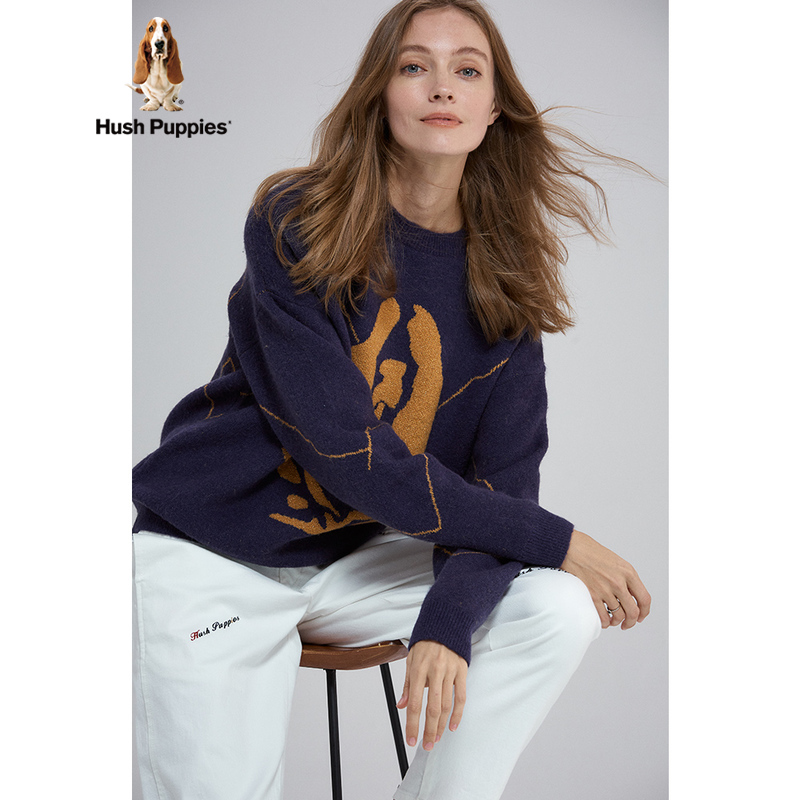 Hush Puppies暇步士女装秋新女士宽松休闲圆领毛衣|HW-20540D 166海港蓝 M