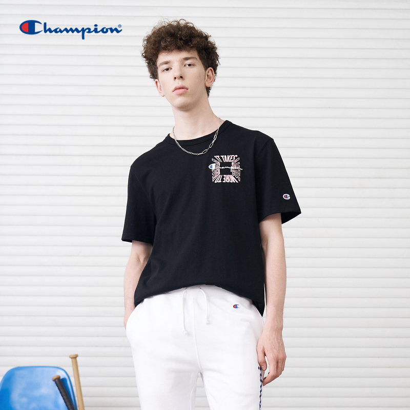 Champion冠军短袖T恤男夏季美式复古学院风刺绣草写LOGO印花圆领套头上衣 黑色 XS